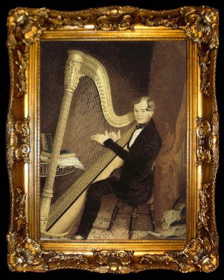 framed  unknow artist an early 19th century pedal harp player, ta009-2